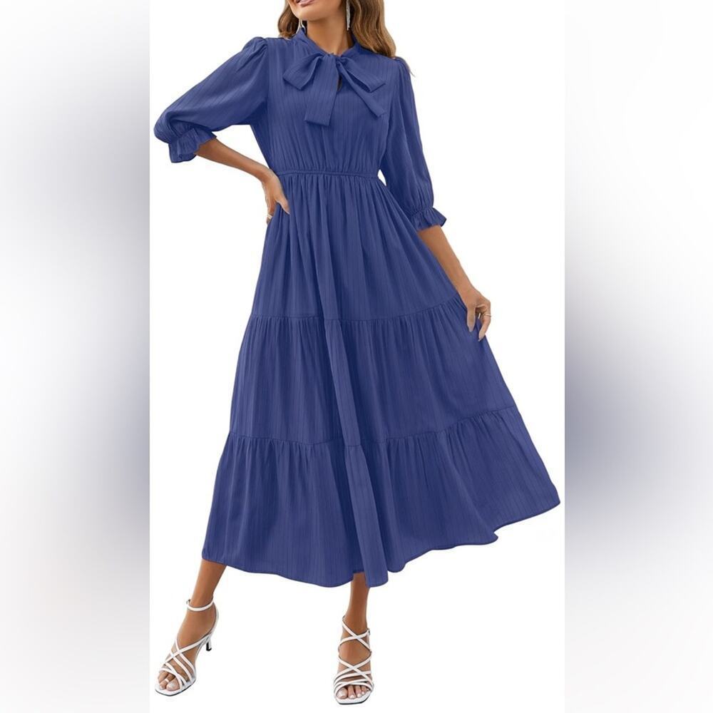 Tie V Neck Elastic High Waist Solid Blue Flowy Tiered A Line Maxi Dress S